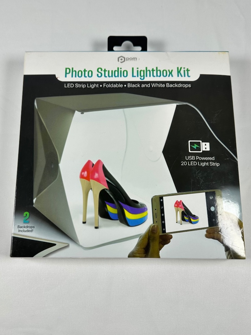 Pom Photo Studio Lightbox Kit LED Strip Light Foldable Black and White Backdrops